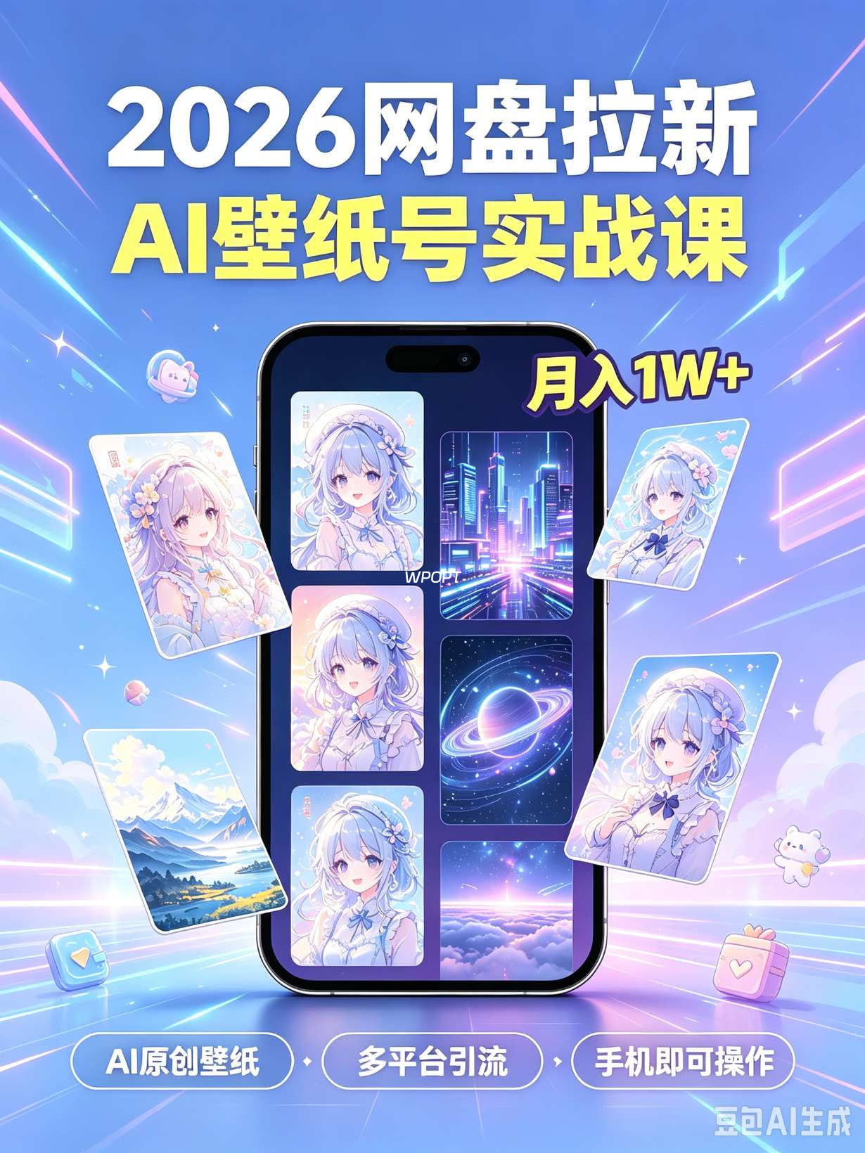 2026网盘拉新+AI壁纸号实战课：AI原创壁纸+小红书+B站+公众号引流，手机即可操作，月收入可观